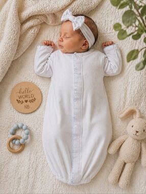 💙 Magnolia Baby Pima Cotton Newborn Gown – Classic White w/ Blue Trim 💙